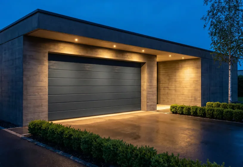 Garagepoort in een grijze betonvilla bij schemer