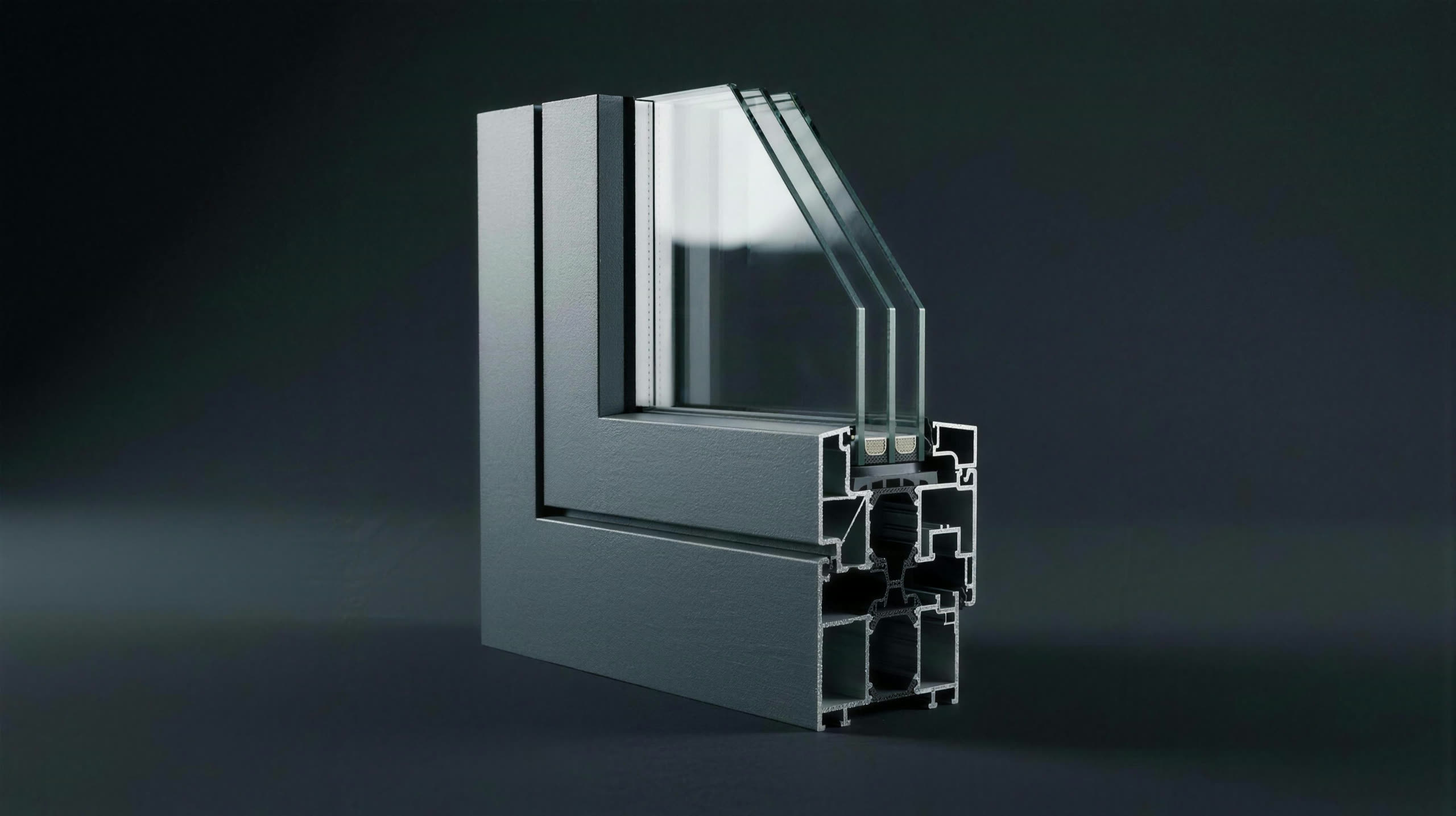 Doorsnede van een aluminium raamprofiel met drievoudige beglazing